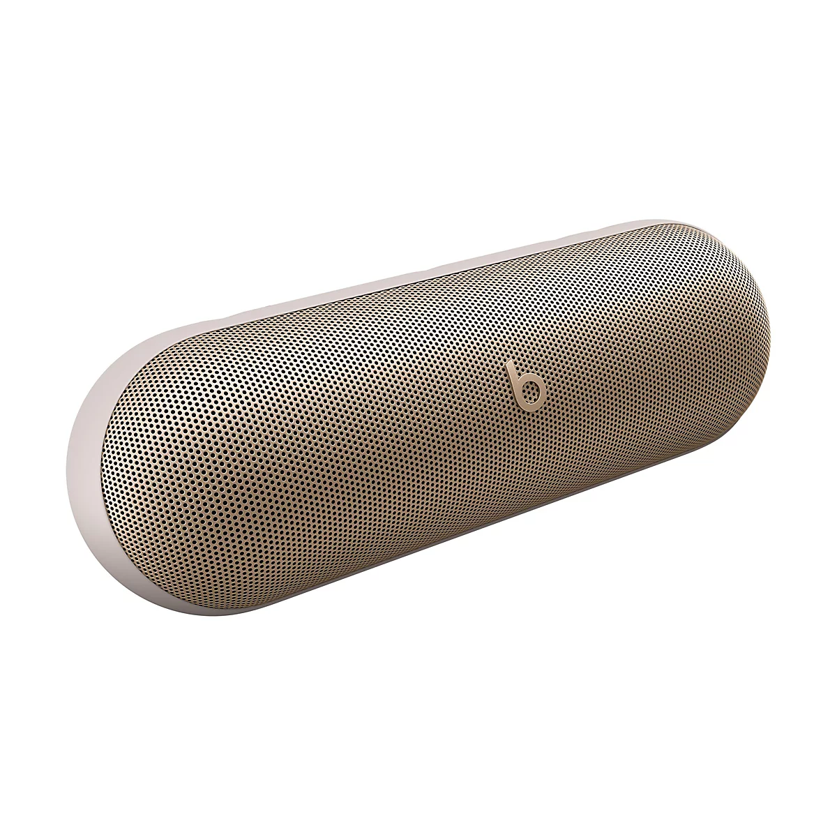 Beats Pill+ Lautsprecher in Gold auf weißem Hintergrund, mit Markenlogo. Rechteckige Form mit abgerundeten Enden.