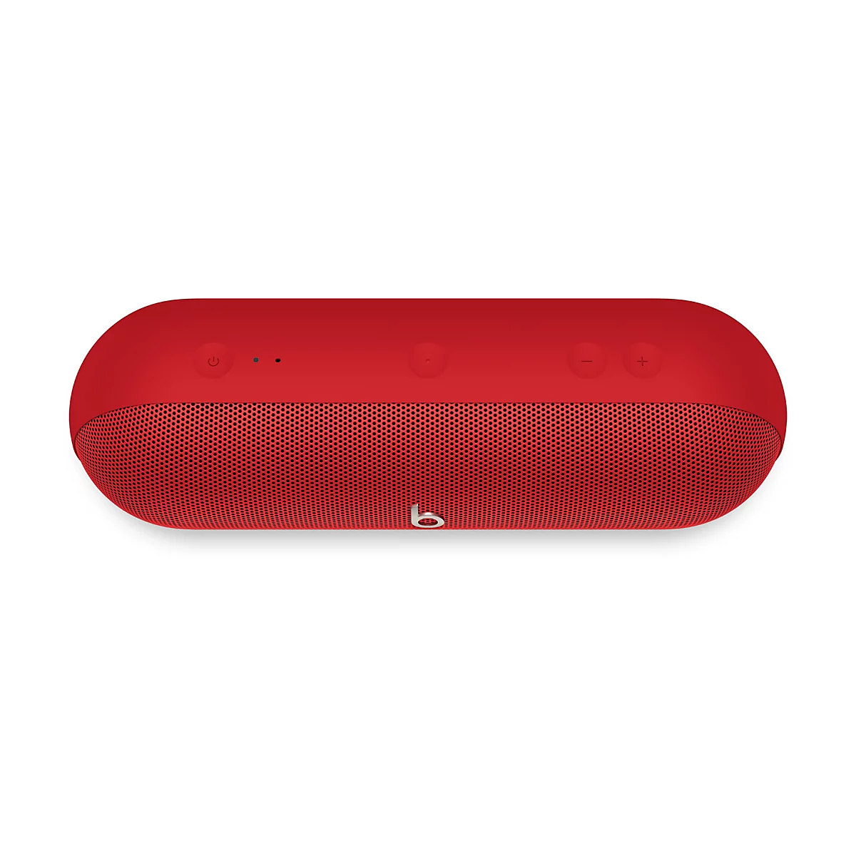 Roter Beats Lautsprecher vor weißem Hintergrund. Oben befinden sich Knöpfe und ein Logo.