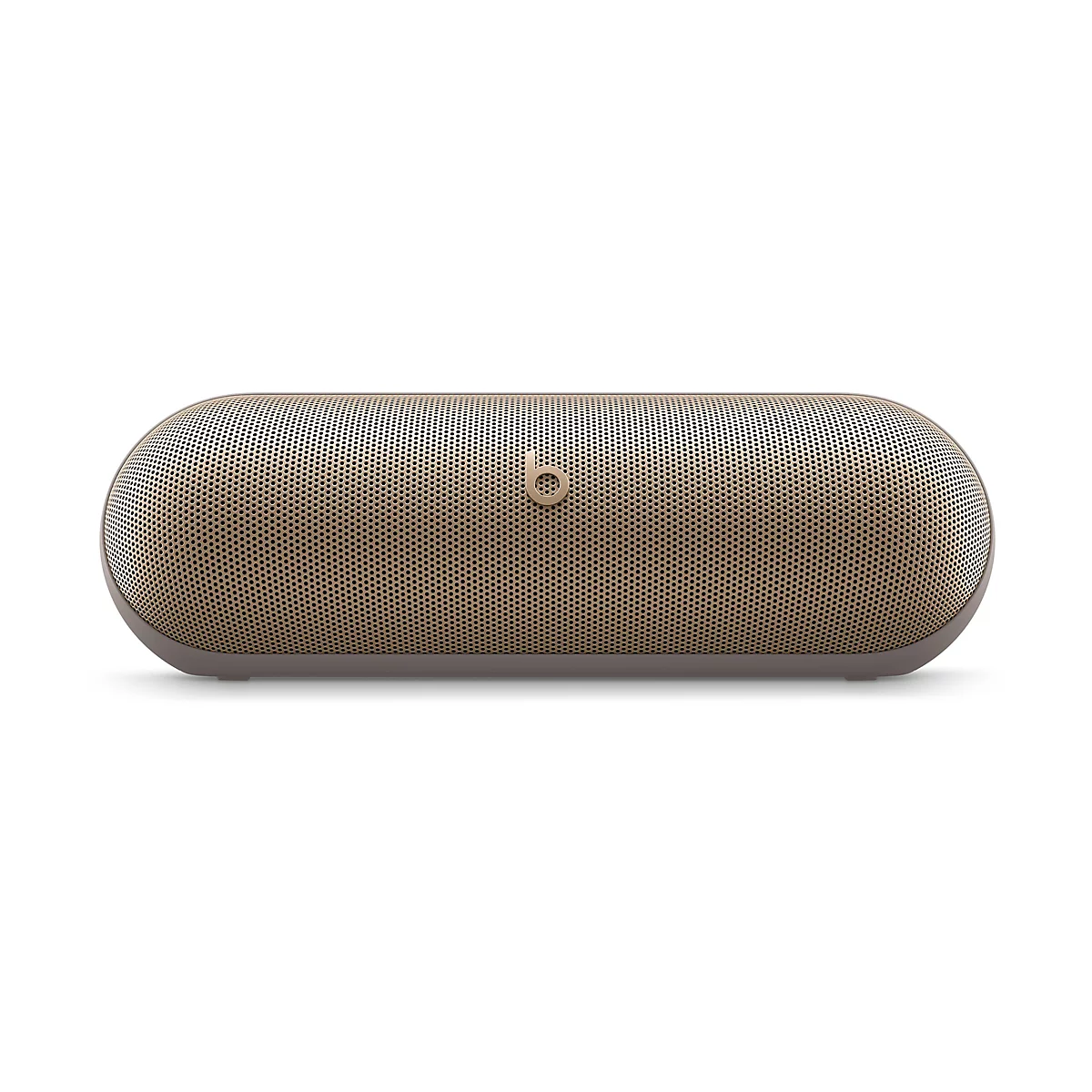 Haut-parleur Bluetooth ovale de couleur or sur fond blanc. Le haut-parleur a de petits trous et le logo Beats.