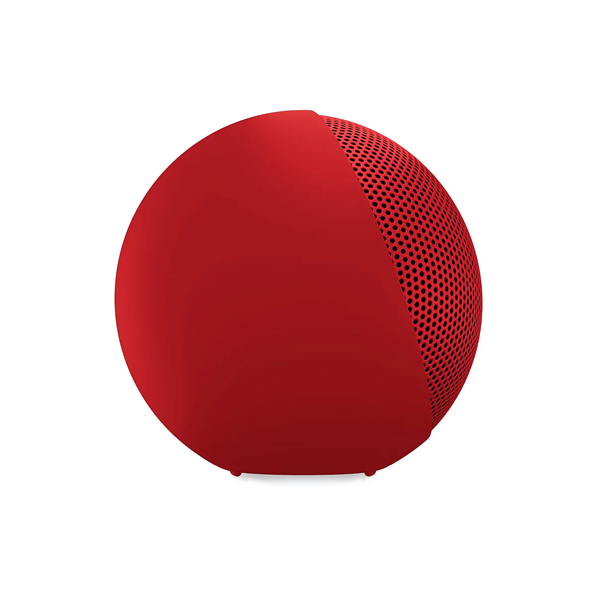 Haut-parleur rouge et sphérique, composé à moitié d'une grille de haut-parleur perforée.