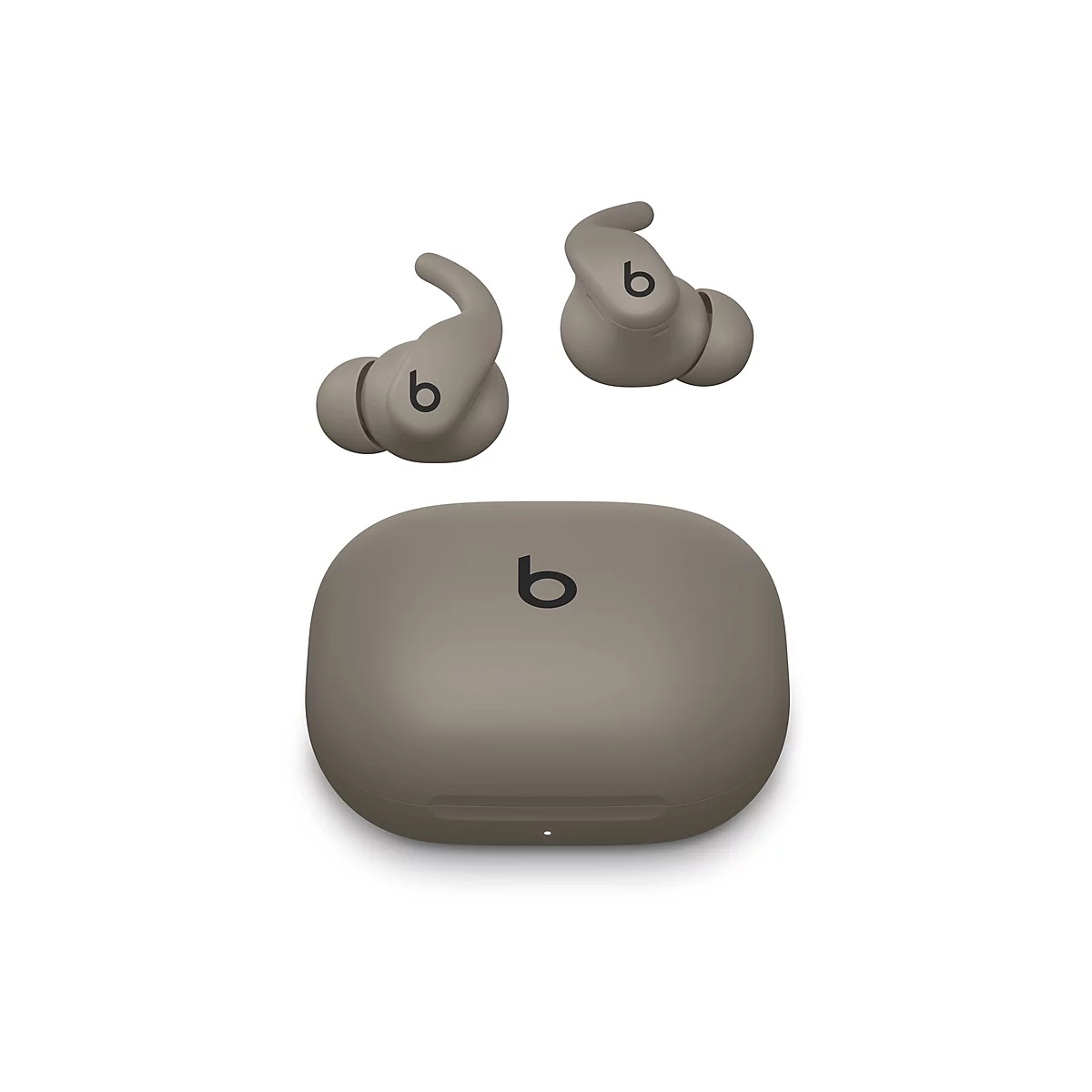 Beats Studio Buds+ en marron. Deux écouteurs en haut, étui de chargement en bas. Chacun avec le logo "b".
