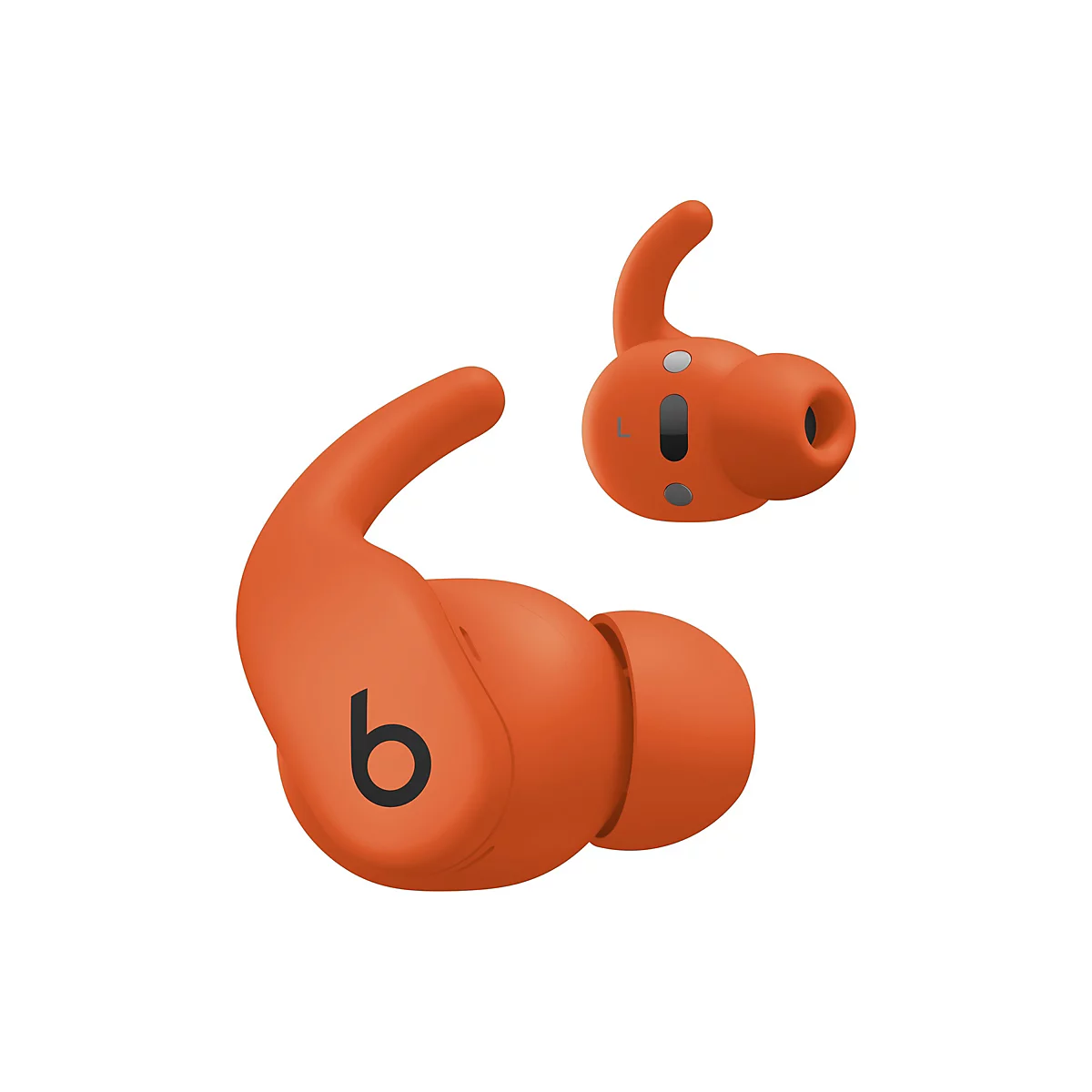 Deux écouteurs sans fil orange avec un logo "b" noir sur fond blanc.