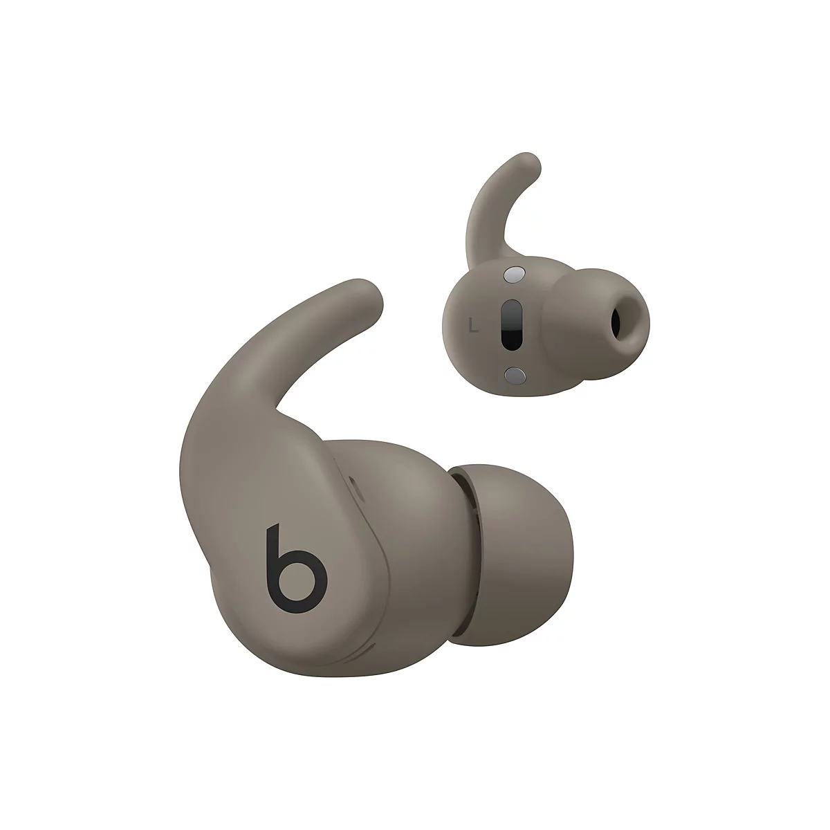 Deux écouteurs sans fil gris sur fond blanc. L'écouteur gauche affiche le logo "b", le droit le "L" pour gauche.