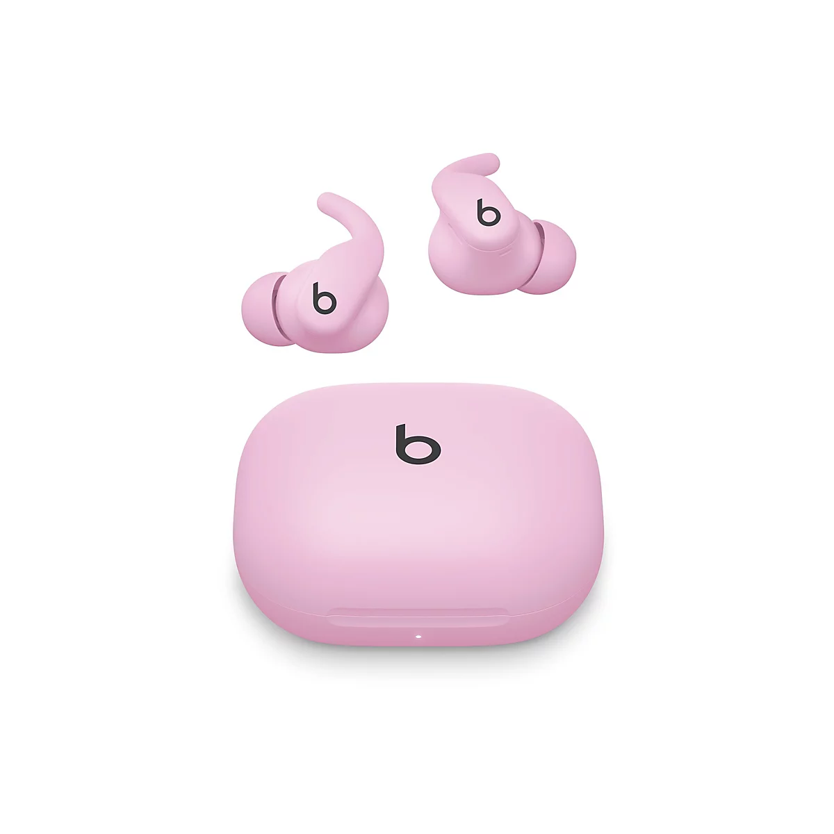 Écouteurs sans fil rose clair et étui de chargement sur fond blanc. Chaque produit porte un logo "b" noir.