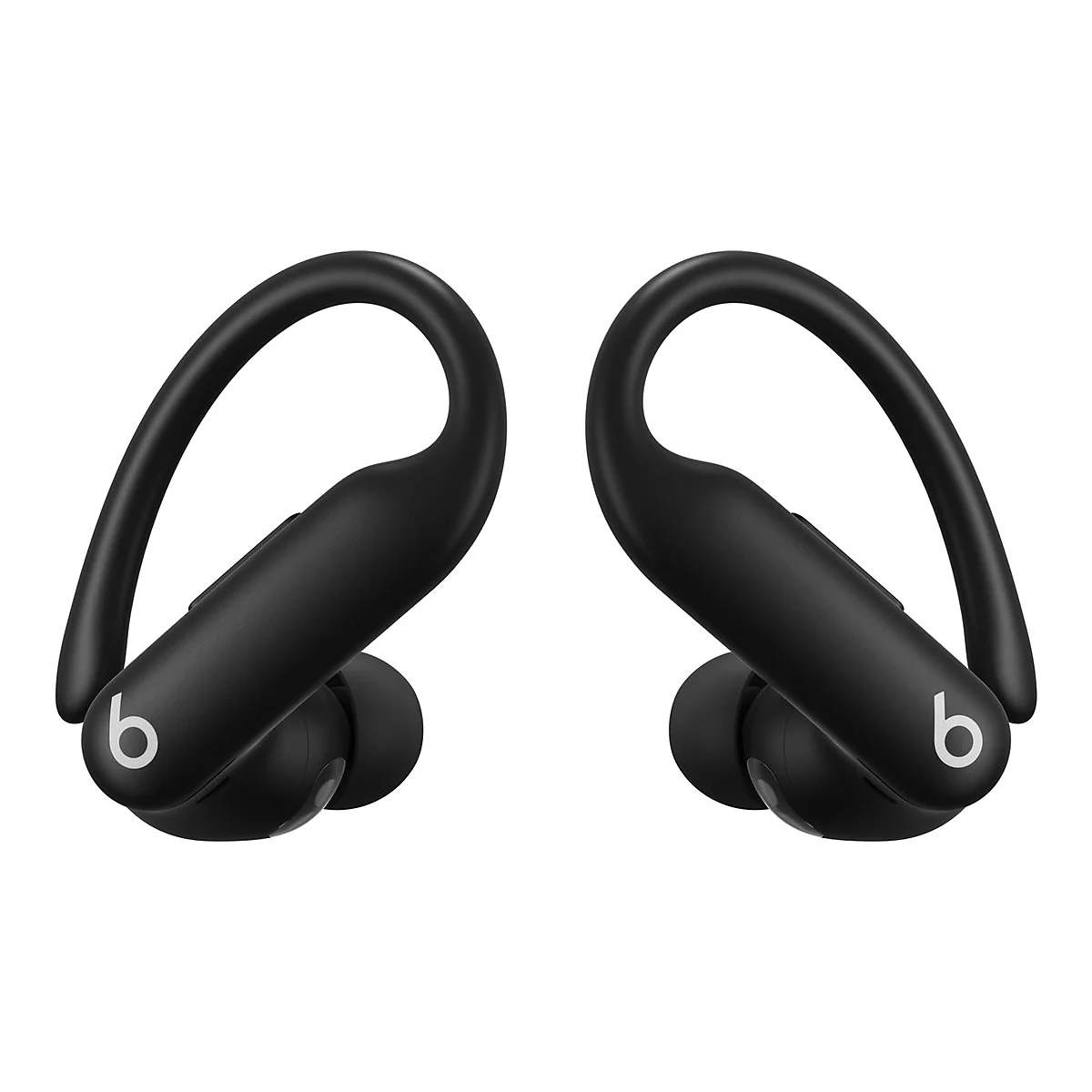 Deux écouteurs noirs avec des crochets d'oreille et un logo blanc sur fond blanc.