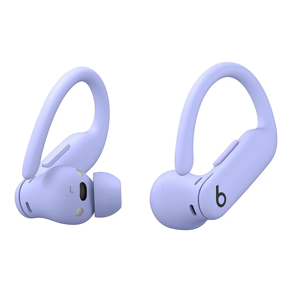 Deux écouteurs sans fil violets clairs. L'un a un 'L' pour gauche, l'autre un 'b' pour Beats.