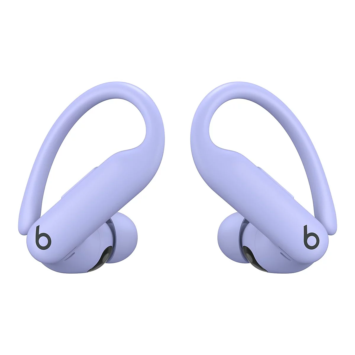 Deux écouteurs de sport violets avec des cerceaux qui se tiennent derrière les oreilles.