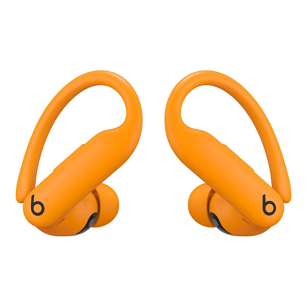 Deux écouteurs sans fil orange avec des crochets et le logo "b".