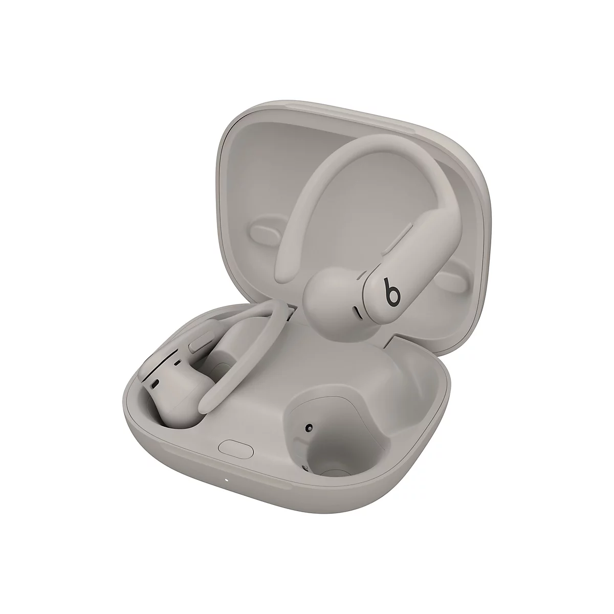 Beiges Beats In-Ear-Headset mit Ladecase vor weißem Hintergrund.