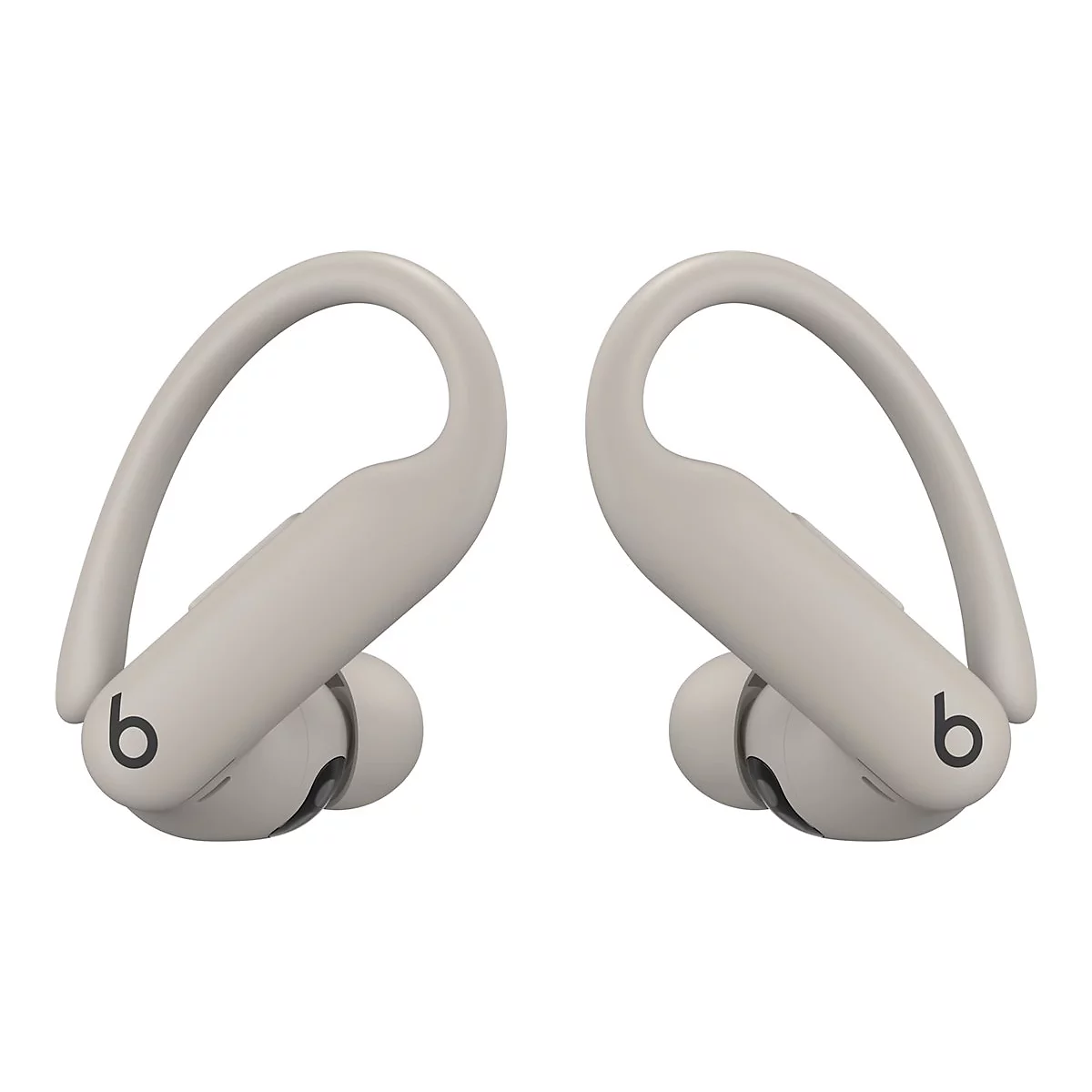 Zwei graue kabellose Ohrhörer mit Bügeln, Beats Logo.