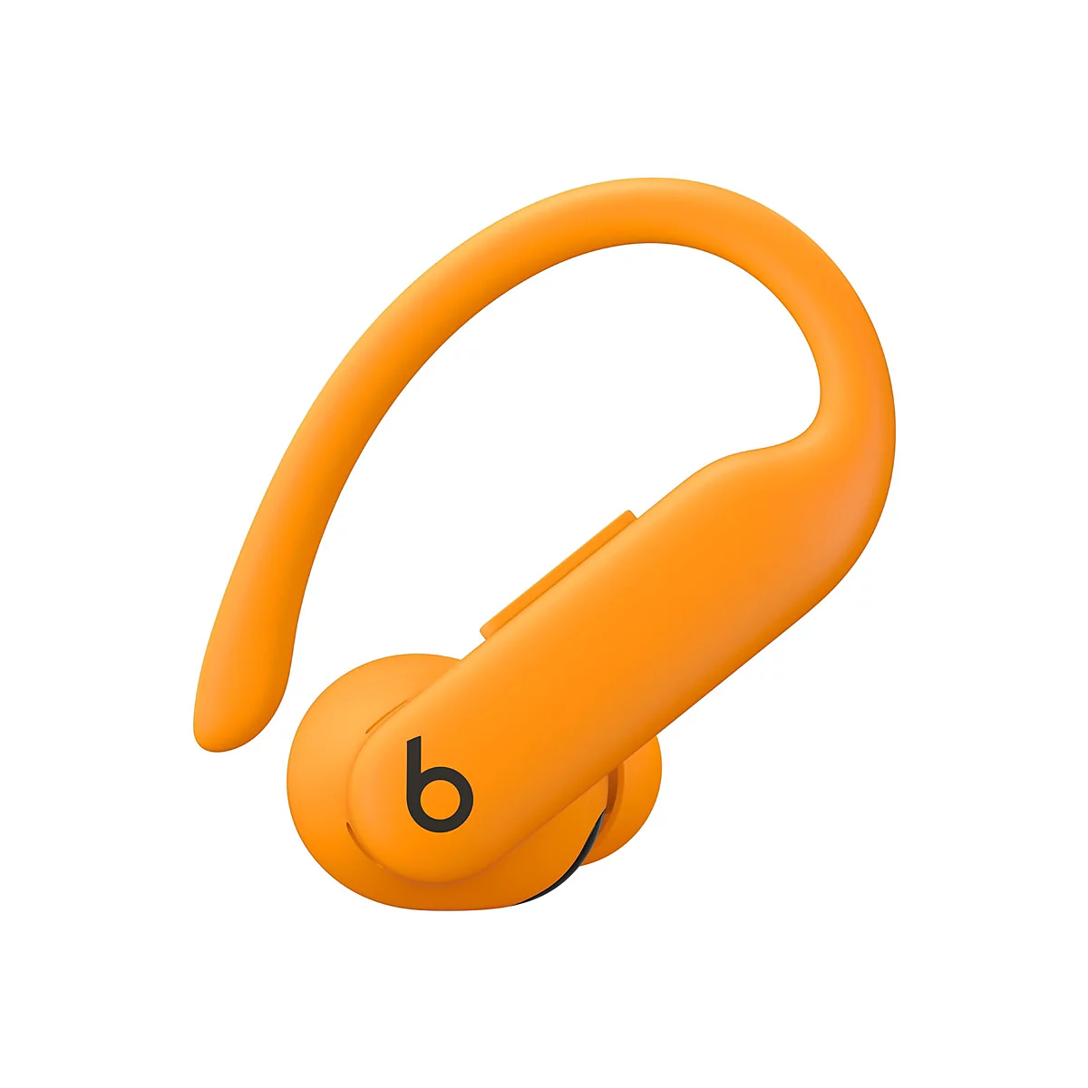 Oranger kabelloser Ohrhörer, Beats Powerbeats, mit schwarzem „b“ Logo. Der Ohrhörer ist freigestellt.