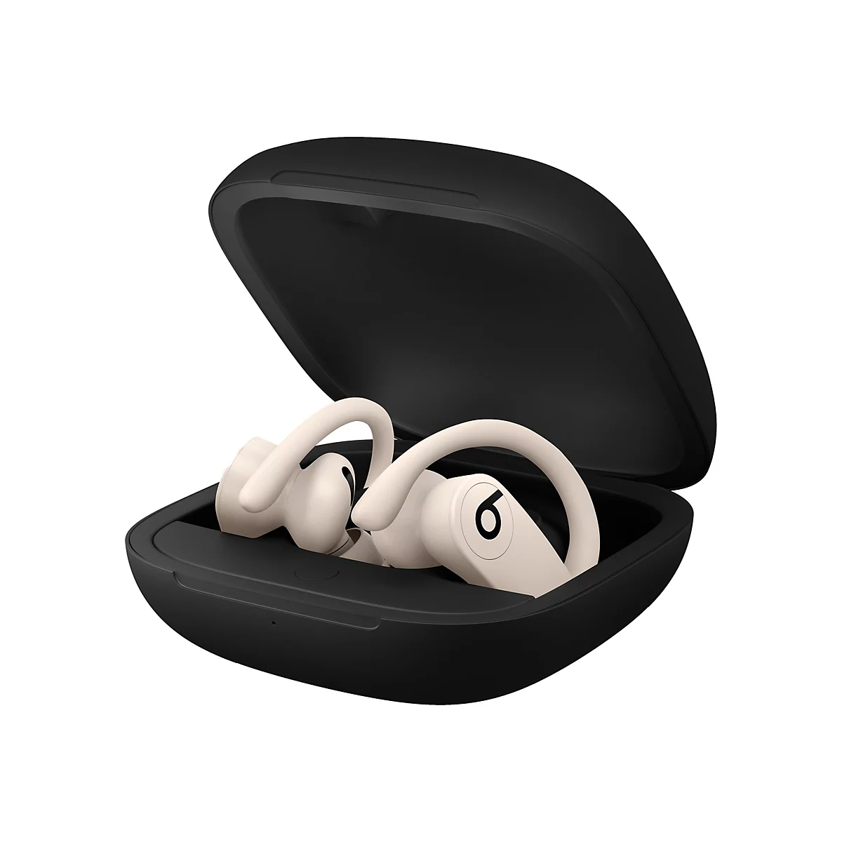 Schwarzes Ladecase mit geöffnetem Deckel, darin beigefarbene kabellose Ohrhörer mit schwarzem "b"-Logo.