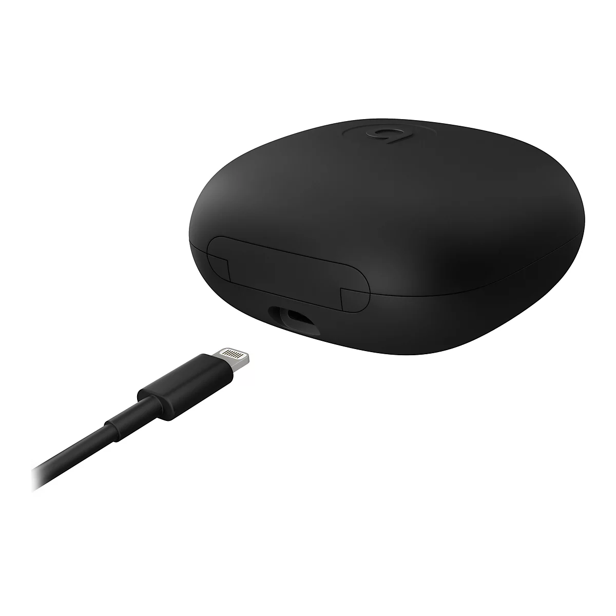 Schwarzes Ladecase mit Lightning-Kabel. Das Case hat ein geprägtes Logo. Das Lightning-Kabel ist im Vordergrund.