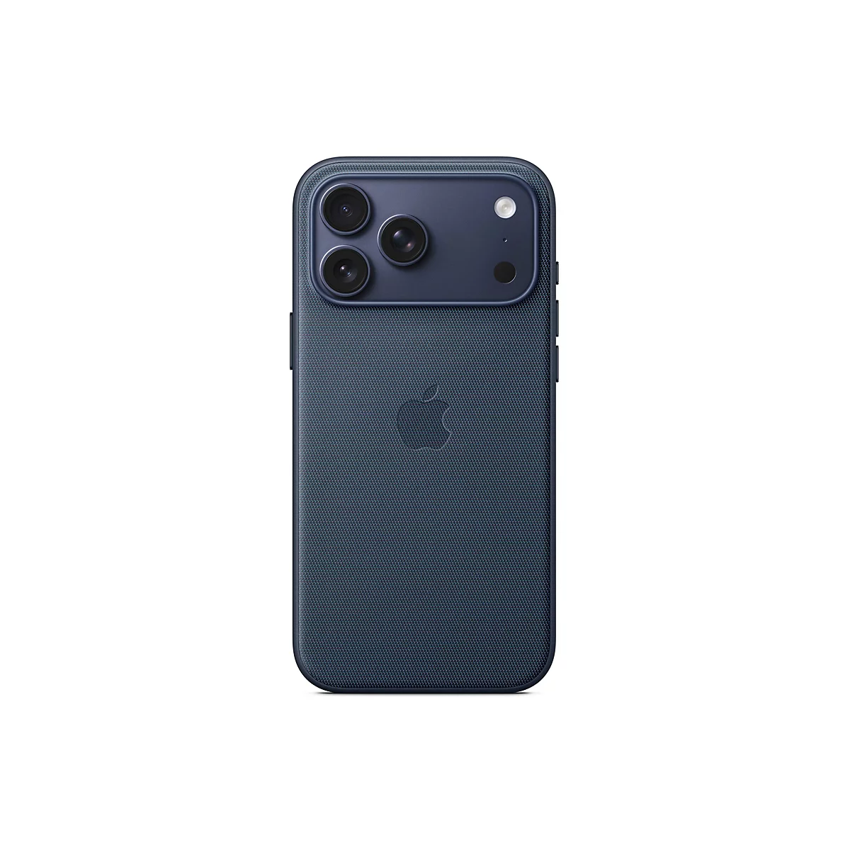 Rückseite eines dunkelblauen Smartphones, mit drei Kameras, einem Blitz und einem Apple-Logo.