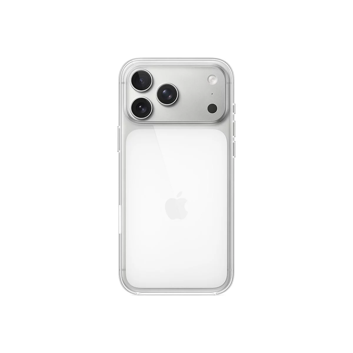 Rückseite eines iPhones in einer transparenten Hülle. Man sieht die Kameras, das Apple-Logo und die seitlichen Knöpfe.