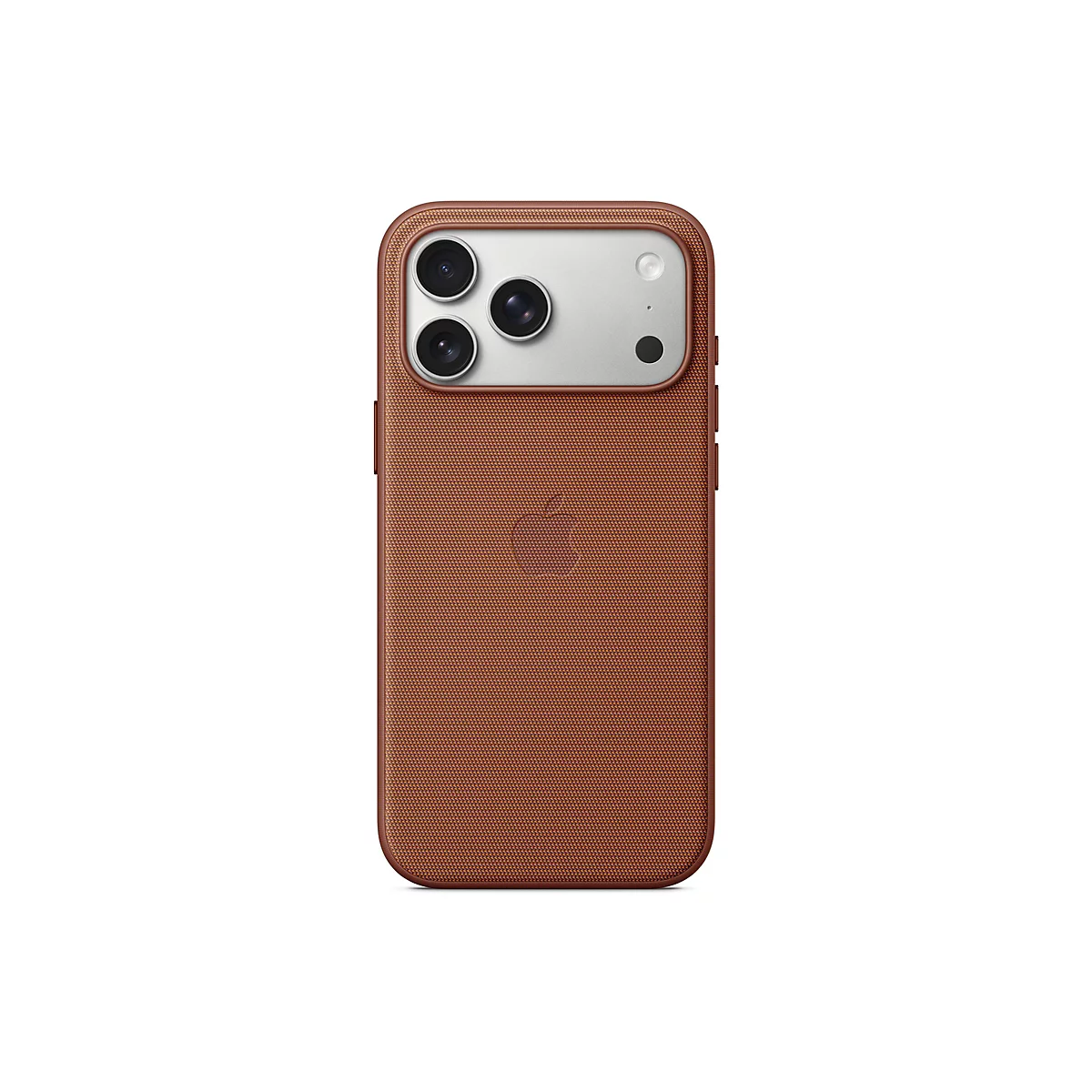 Rückseite eines braunen Handy-Cases mit drei Kameralinsen, einem Blitz und einem Apple-Logo.