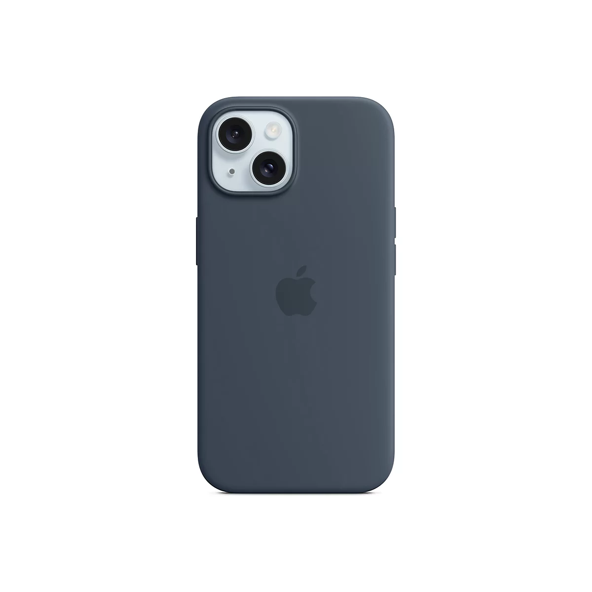Dunkelblaues Apple Silikon-Case für iPhone 15, Rückseite mit Kamera-Aussparung und Apple-Logo.