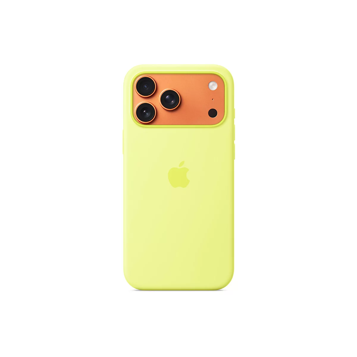 Hellgelbes iPhone mit orangefarbenem Kamerabereich. Drei Kameralinsen und ein Blitz sind sichtbar. Das Apple-Logo ist auf der Rückseite zentriert.