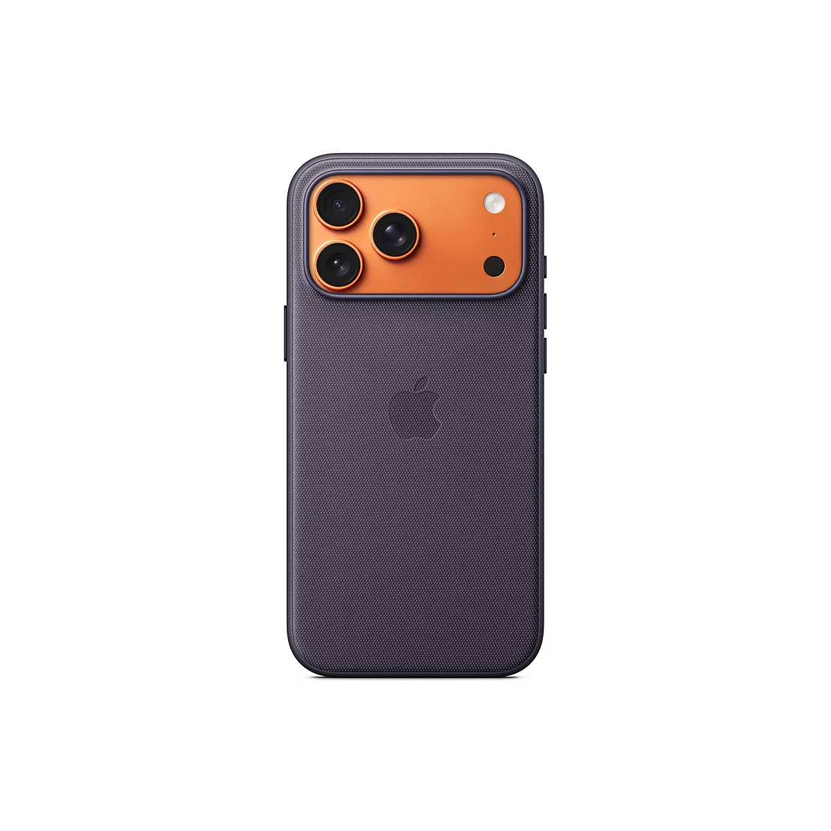 Rückansicht eines lila Smartphones mit orangefarbener Kamerafläche und dem Apple-Logo.