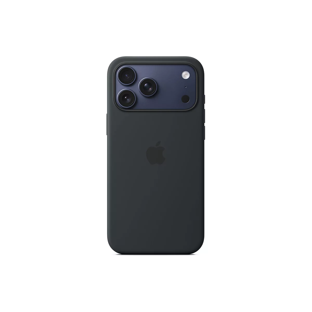Dunkelgraues iPhone mit Kameramodul, Apfel-Logo und Hülle.
