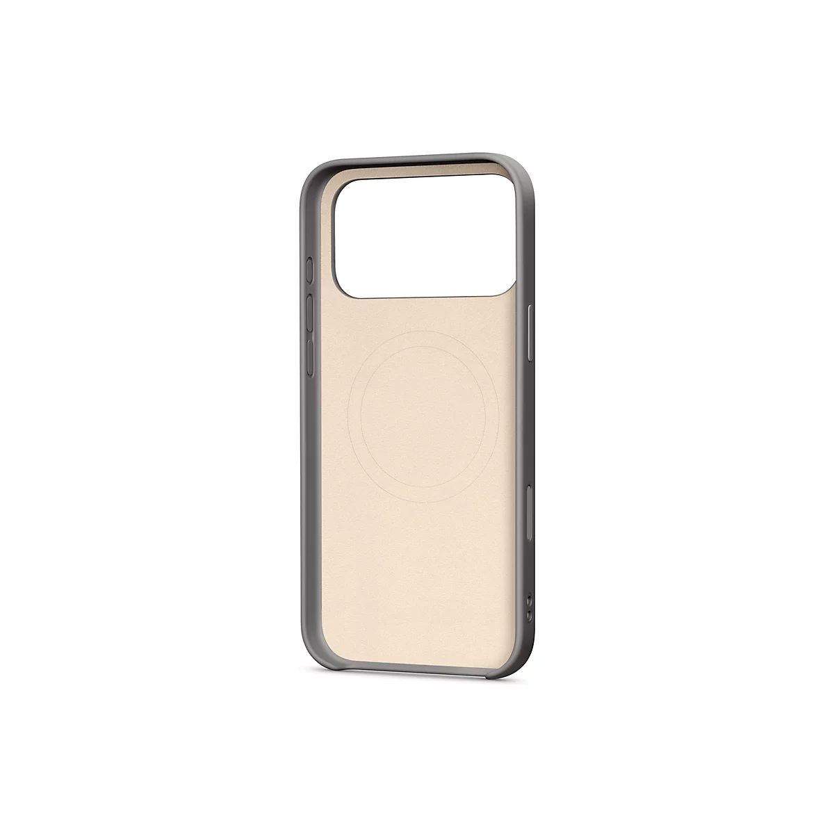 Ein hellbraunes Handycase mit dunklem Rahmen. Auf der Rückseite ist ein magnetisches Kreismuster sichtbar.