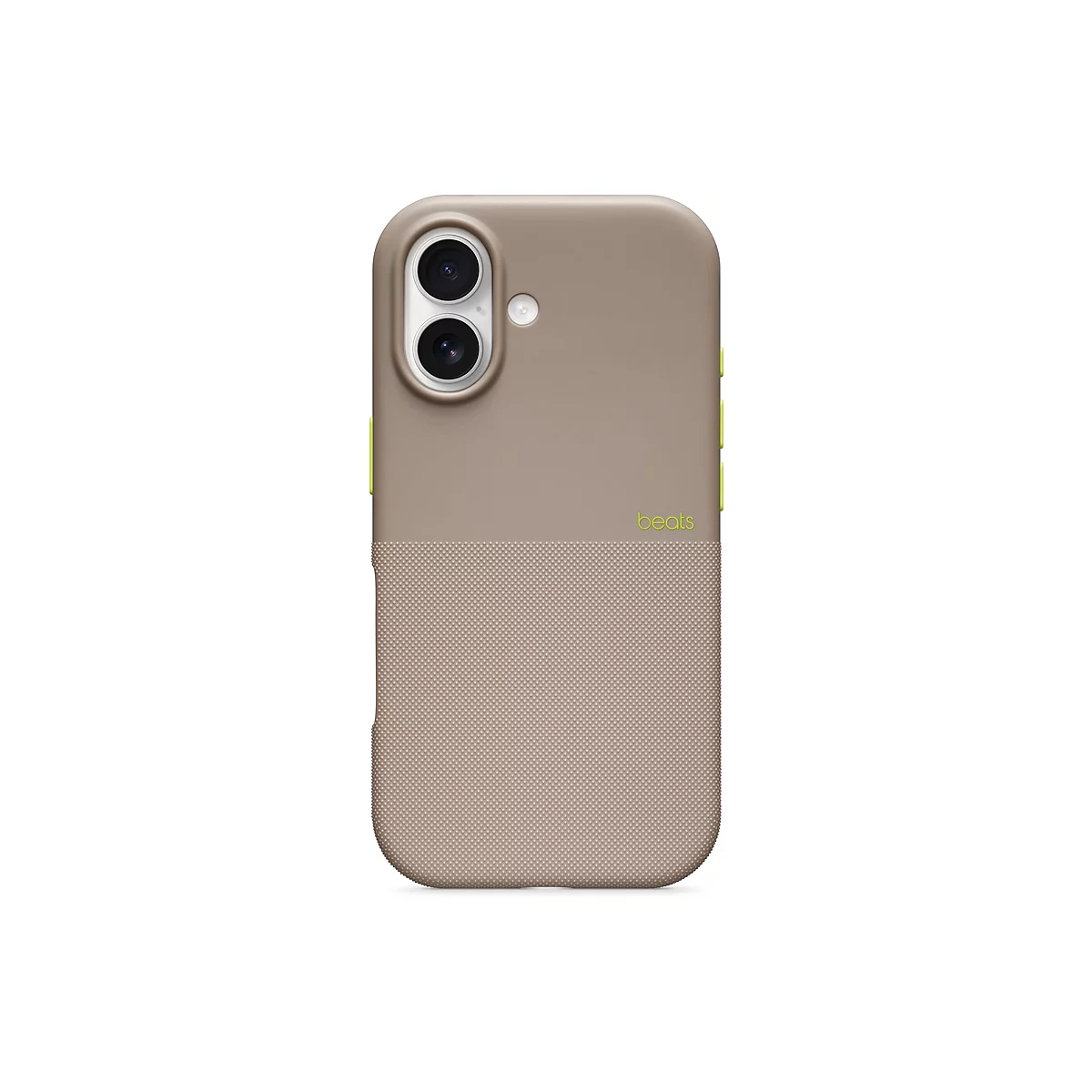 Coque de téléphone beige avec des accents verts et le logo Beats, sur fond blanc. La partie inférieure a une surface texturée.
