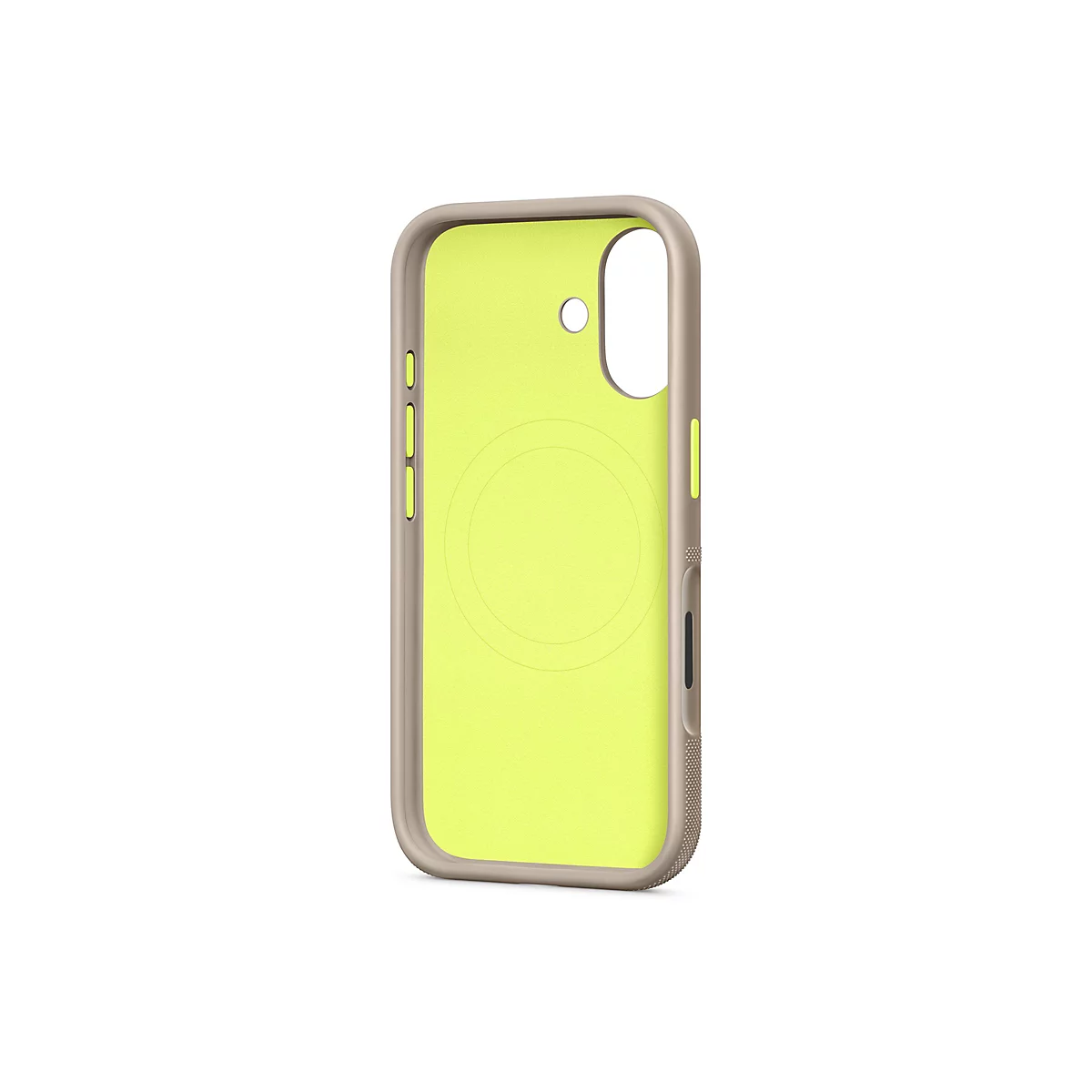 Coque de téléphone vert clair avec un cadre beige sur fond blanc. Découpe ronde pour la caméra. Un cercle est indiqué au dos.