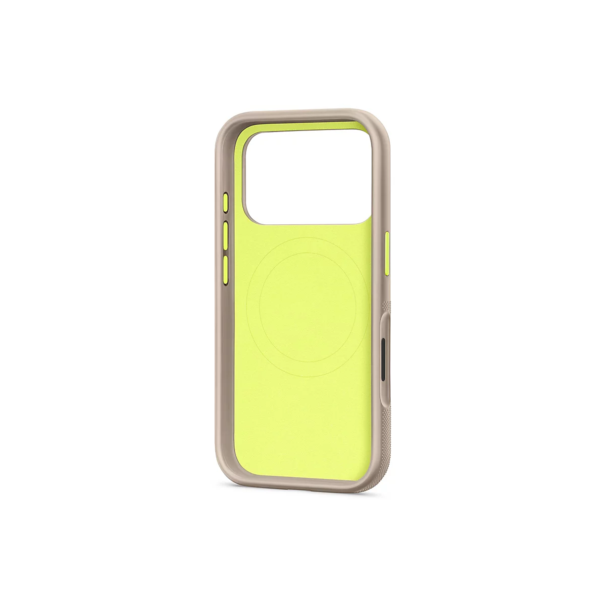 Coque de téléphone vert clair avec un cadre beige sur fond blanc. Renfoncement rond à l'arrière.