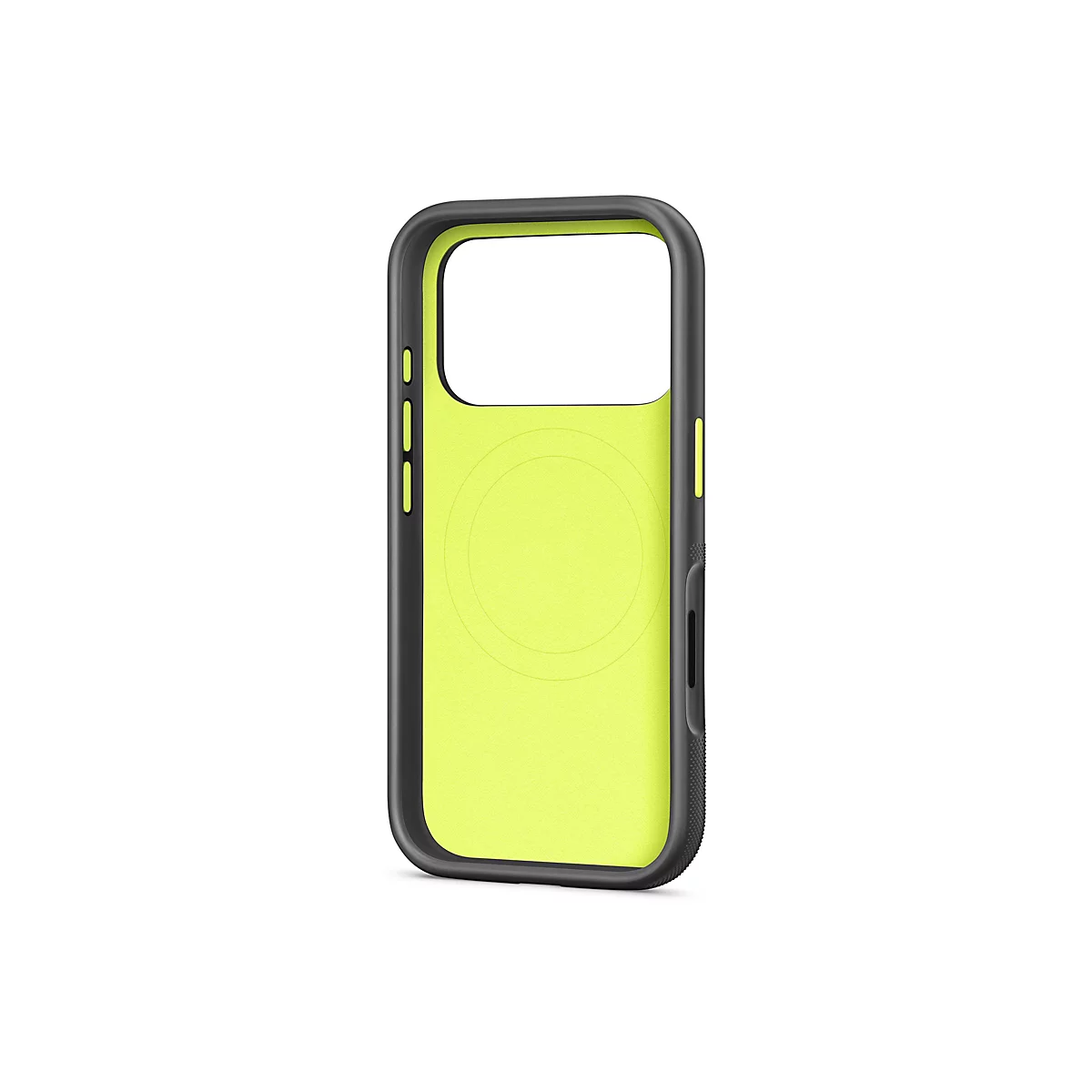 Coque de téléphone noire avec intérieur jaune néon. L'étui comporte des découpes pour l'appareil photo et les boutons.