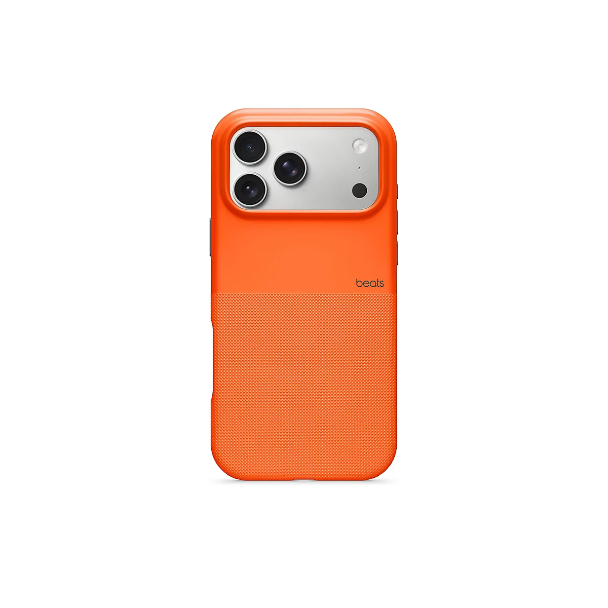 Coque de téléphone Beats orange avec zone de caméra argentée et trois objectifs. Texte : beats.