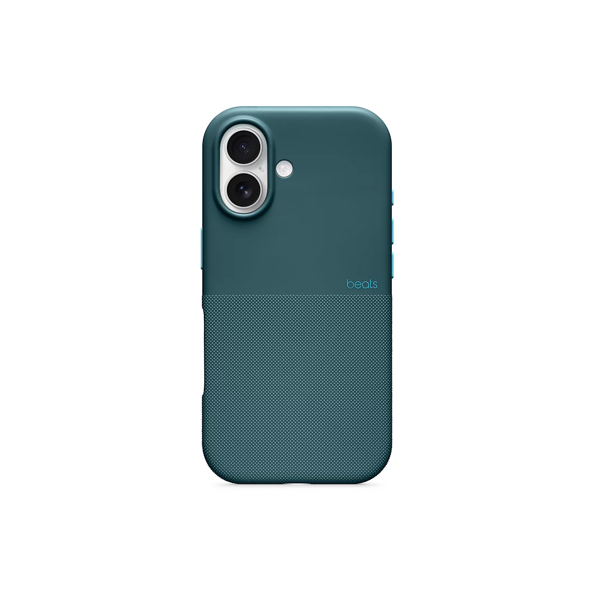 Coque de smartphone vert foncé avec deux textures de surface différentes. La partie supérieure est lisse, la partie inférieure présente un motif pointillé. Le lettrage "beats" est visible sur la coque.