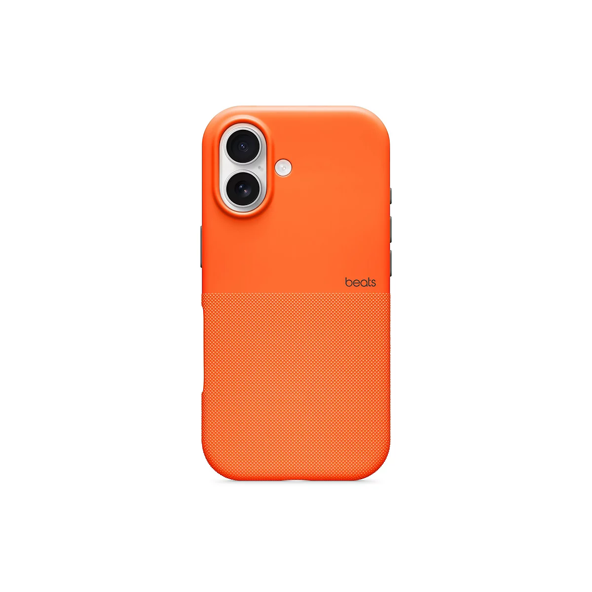 Coque de smartphone orange, divisée en deux, moitié supérieure lisse, moitié inférieure pointillée. Deux objectifs d'appareil photo et un flash en haut.