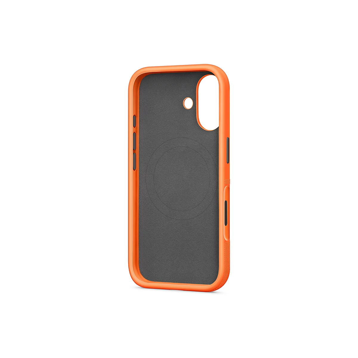 Coque de téléphone orange avec intérieur gris. La coque possède des découpes pour l'appareil photo et les boutons.