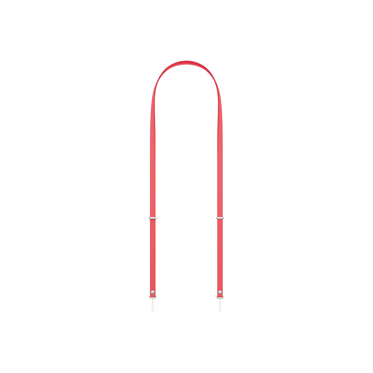 Rotes Trageband mit Metallbefestigungen, isoliert auf weißem Hintergrund.