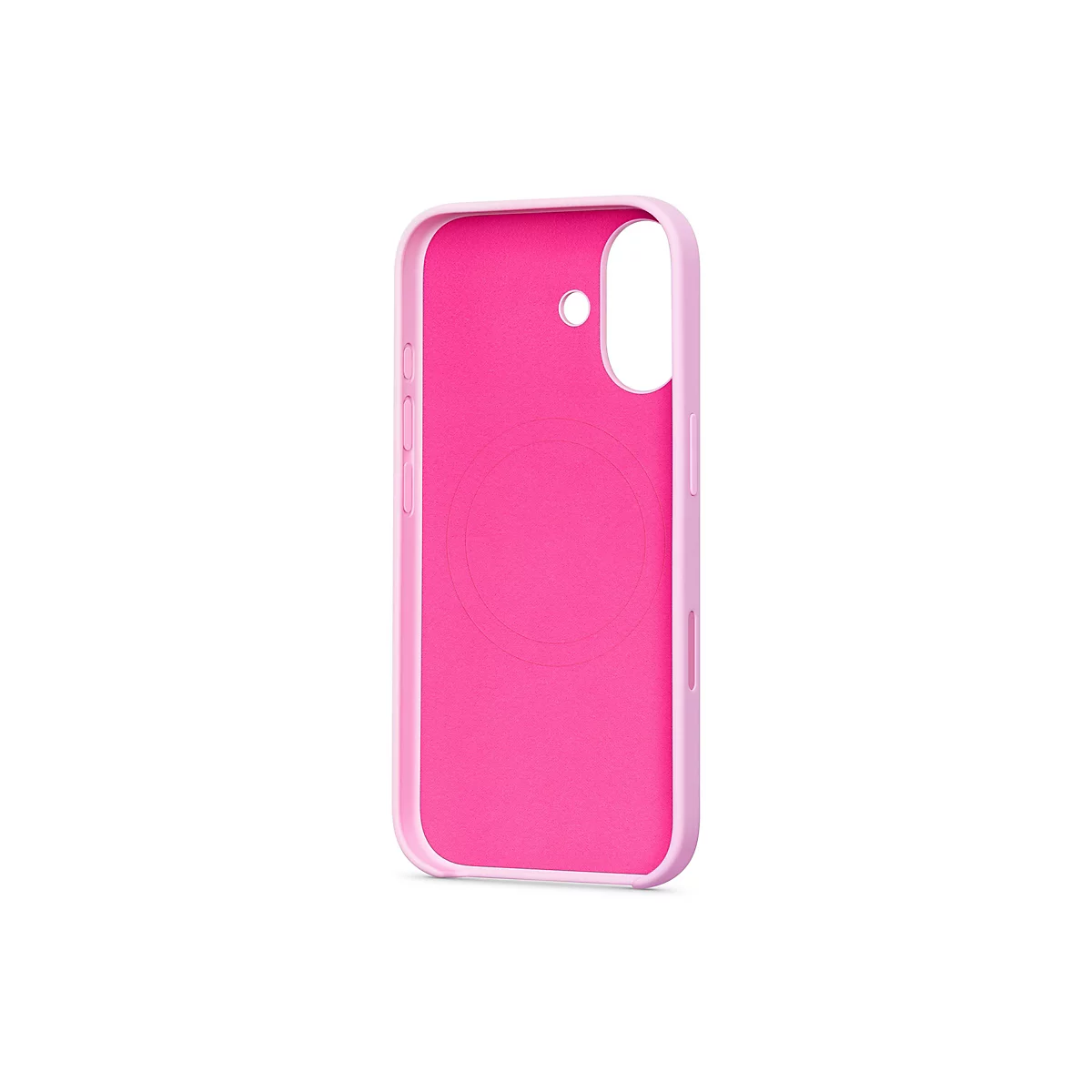 Ein pinkfarbenes Handycase mit hellrosa Außenrahmen, vor weißem Hintergrund. Das Case hat Aussparungen für die Kamera und Knöpfe.
