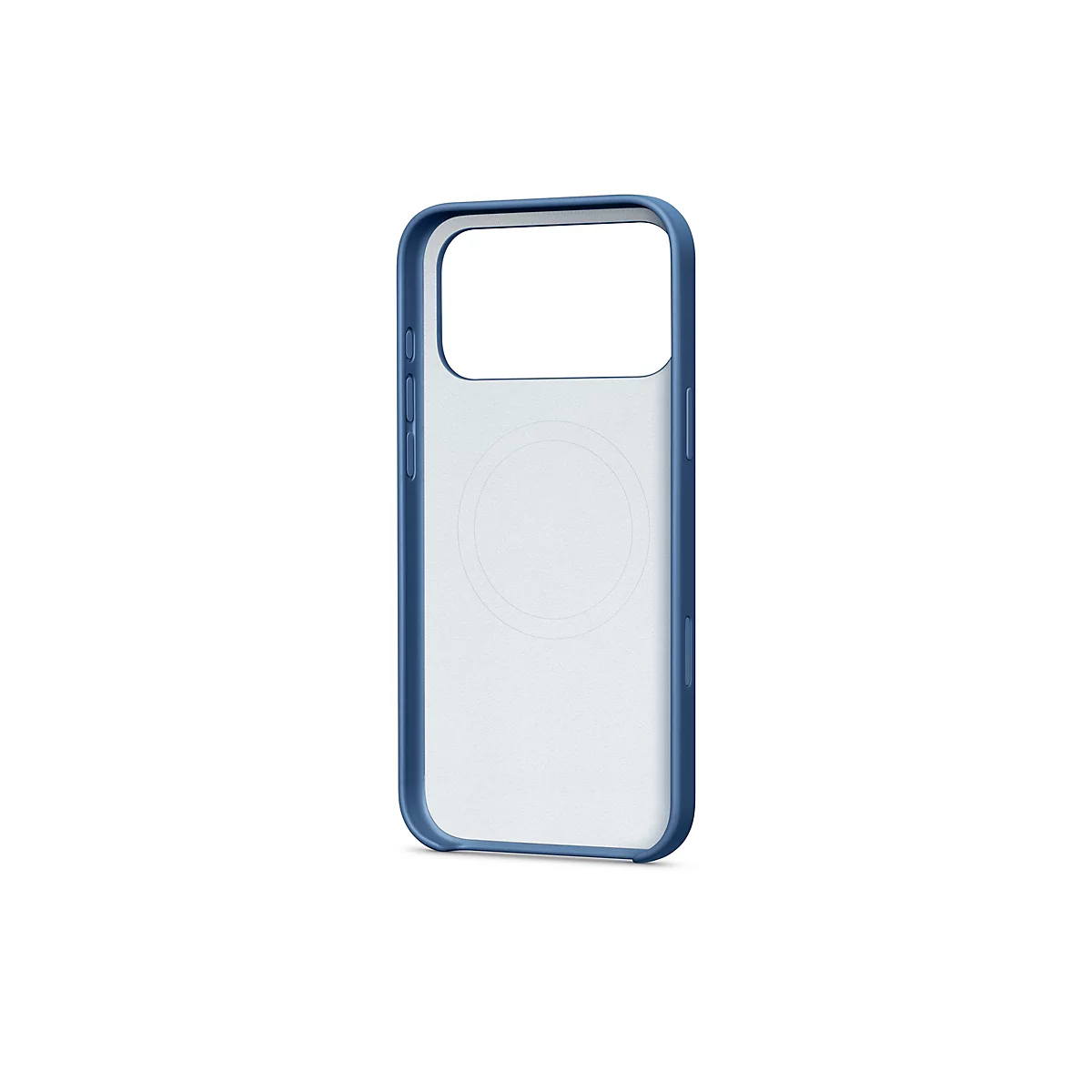 Blaues Handycase vor weißem Hintergrund. Das Case hat eine klare Rückseite und einen blauen Rahmen, um das Handy. Es zeigt die Position des Kameras.