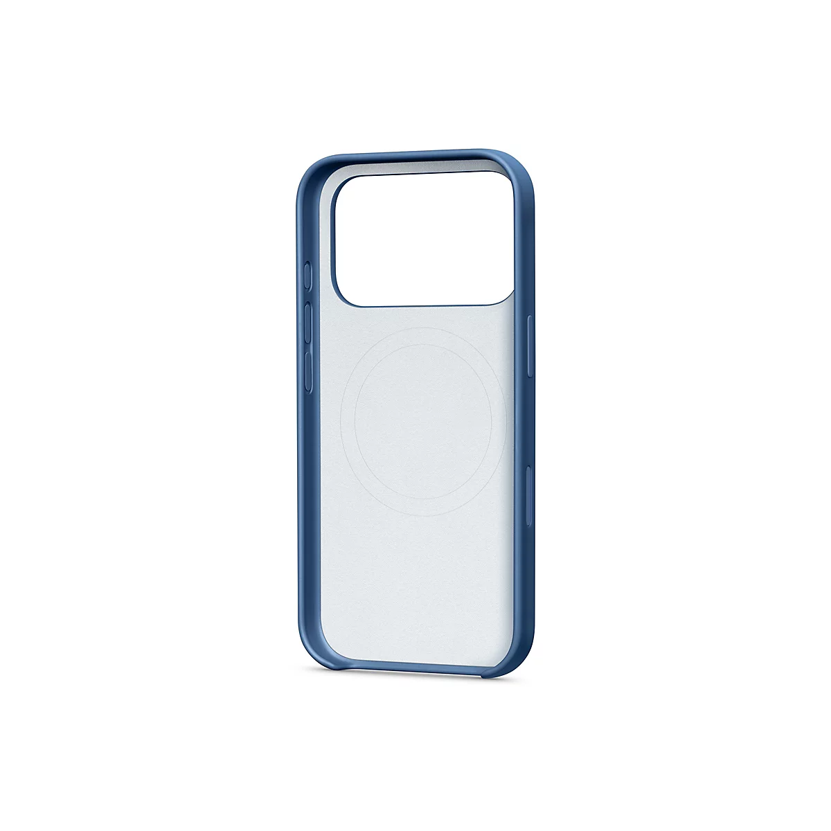 Ein durchsichtiges Handycase mit blauem Rahmen vor weißem Hintergrund. Sichtbar sind Aussparungen für Kamera, Buttons und Ladeanschluss.