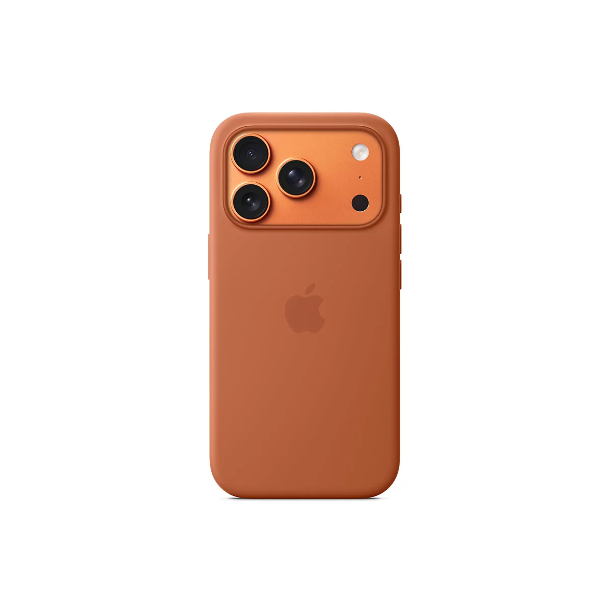 Rückansicht eines orangefarbenen Smartphones mit drei Kameras, Blitz und Apple-Logo, vor weißem Hintergrund.