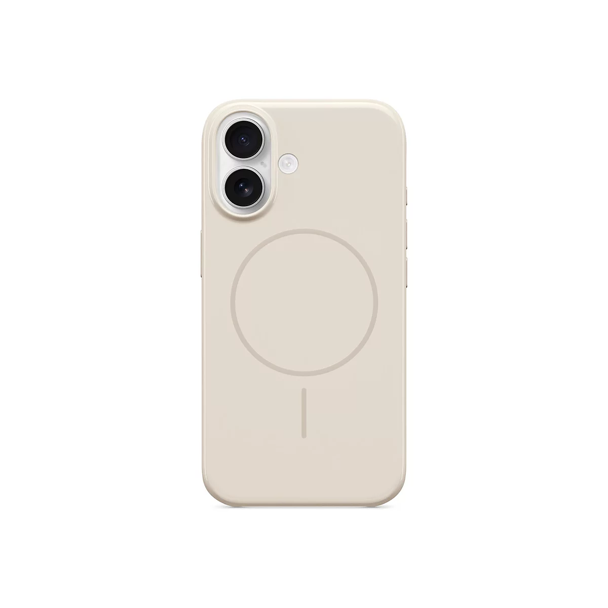 Beige Handyhülle mit Kameraausschnitt und Magnetring auf weißem Hintergrund.