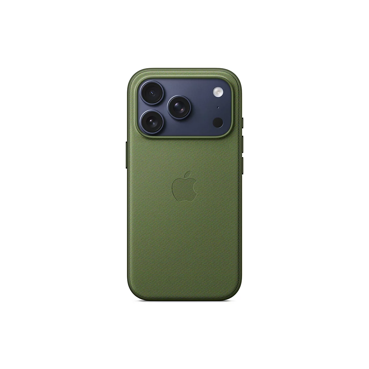 Rückansicht eines iPhones in einer grünen Hülle. Auf der Rückseite sind drei Kameraobjektive und ein Blitz zu sehen. Unten das Apple-Logo.
