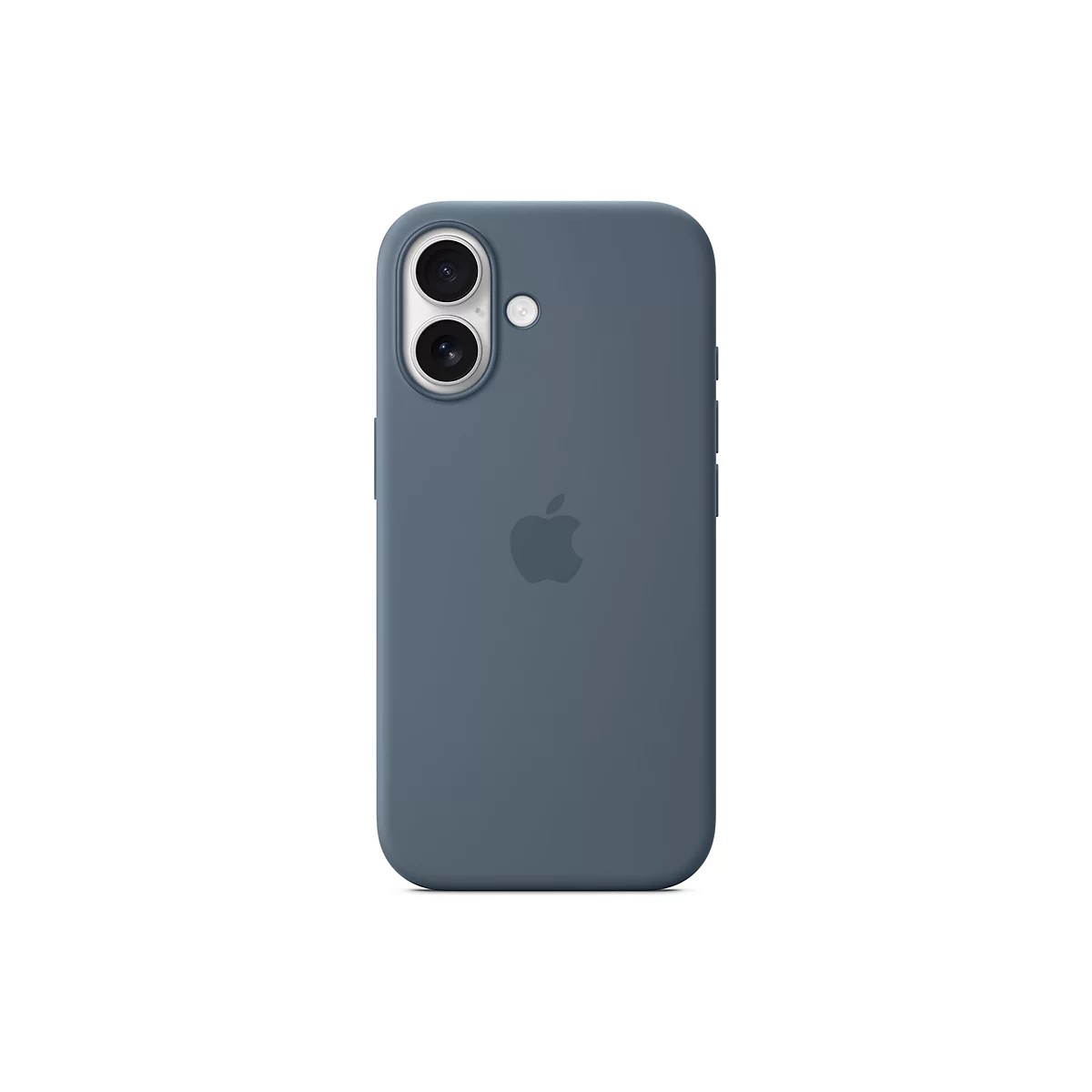 Blau-graue Handyhülle mit Apple-Logo; Kameras an der Oberseite. Auf weißem Grund.