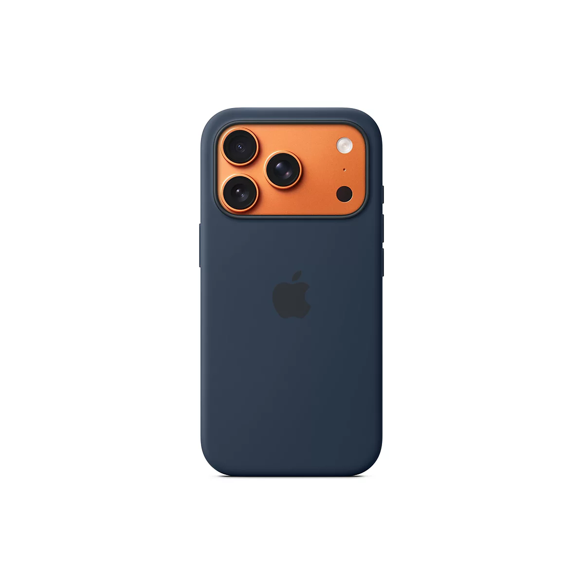 Dunkelblaues iPhone-Gehäuse mit orangefarbenem Kamerabereich. Drei Kameralinsen sind zu sehen, sowie das Apple-Logo.