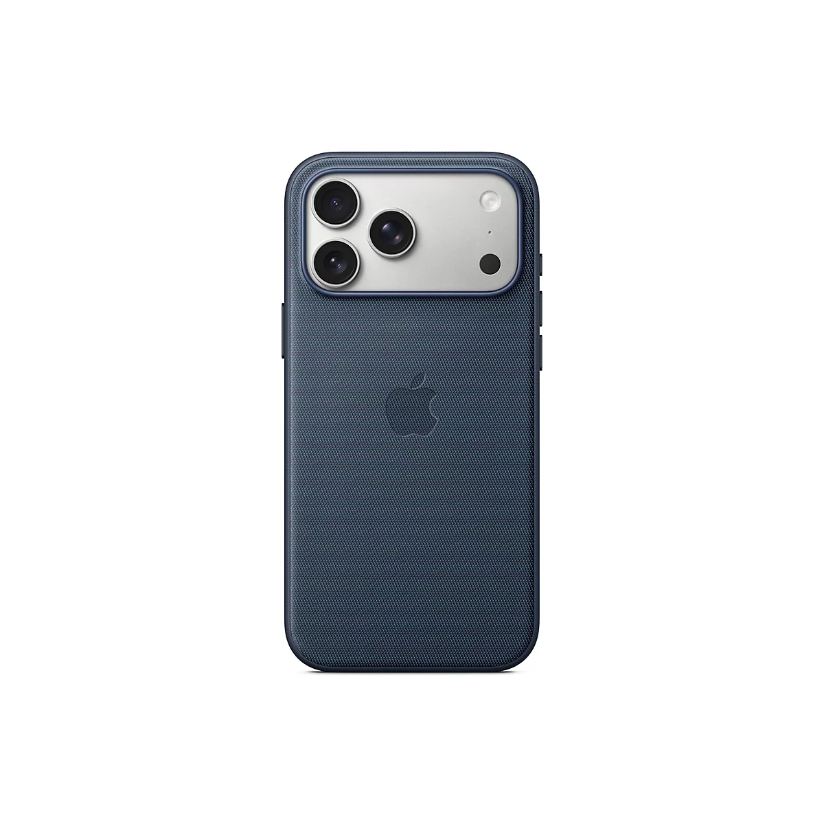 Dunkelblaues iPhone mit Kameramodulen und Apple-Logo, Nahaufnahme vor weißem Hintergrund.