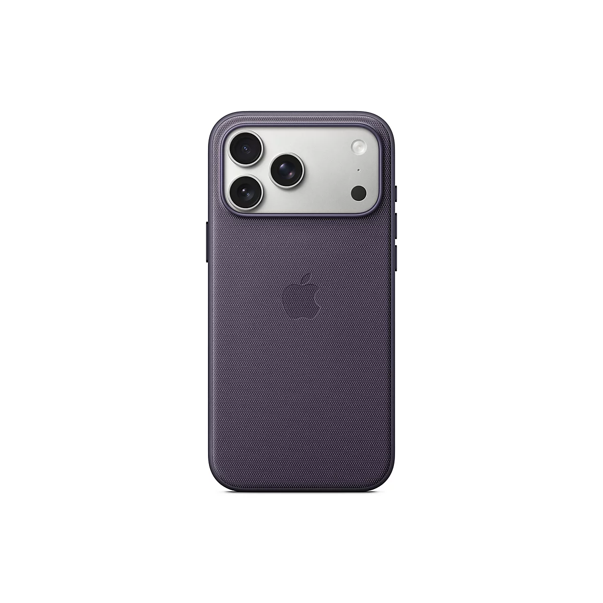 Rückansicht eines lila iPhones in einer Schutzhülle; oben drei Objektive, darunter ein Apple-Logo.