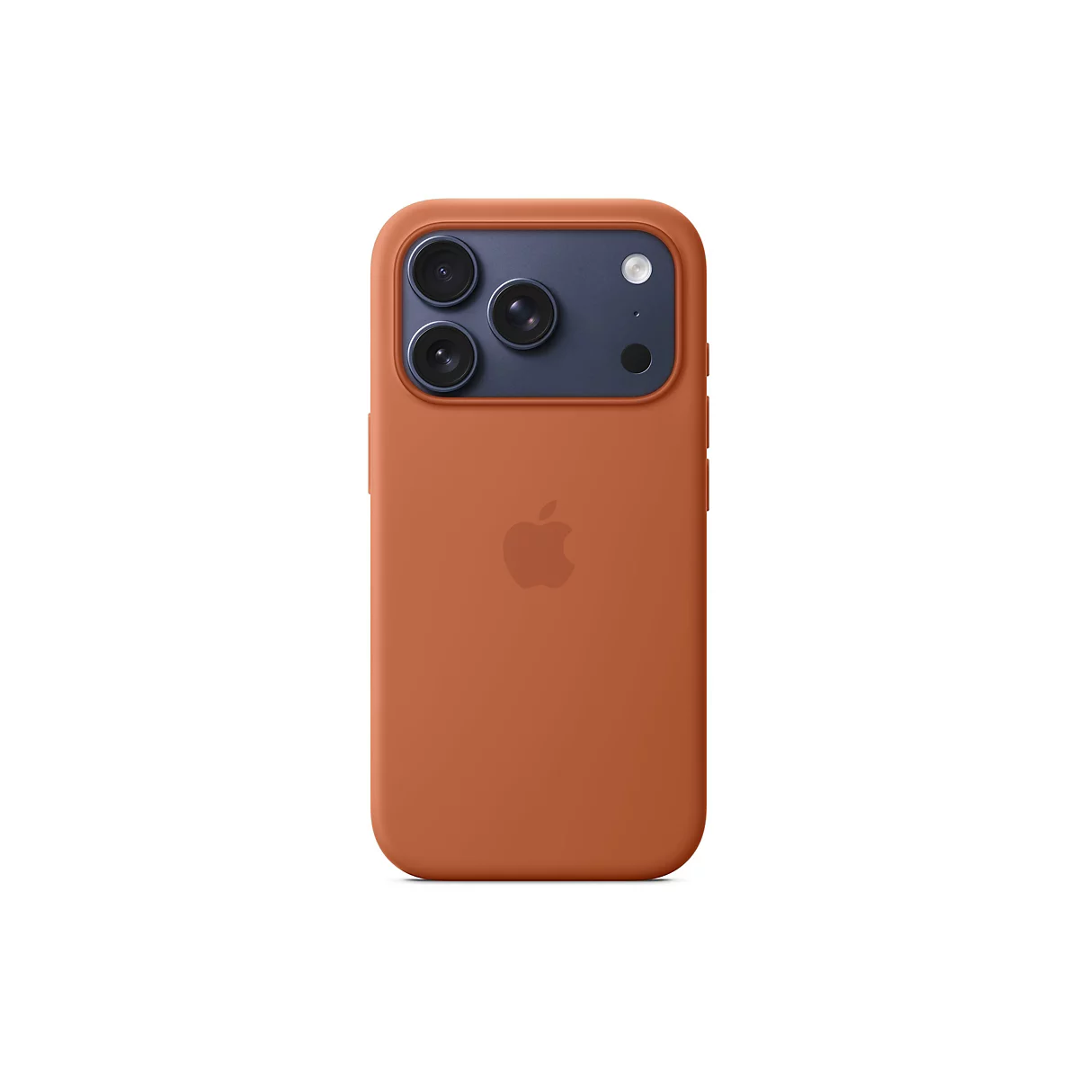 Rückansicht eines iPhones in einer orangefarbenen Hülle. Oben befinden sich drei Objektive und ein Blitz. Darunter das Apple-Logo.