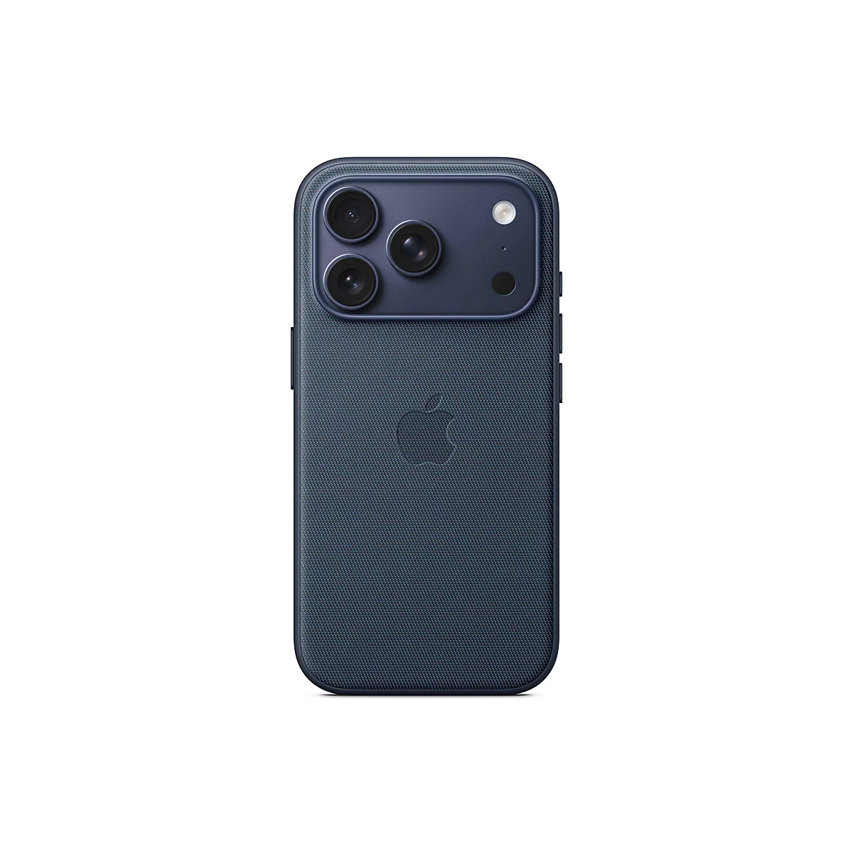 Rückseite eines dunkelblauen iPhones mit eingebauter Hülle. Oben befinden sich 3 Objektive und ein Blitz. Das Apple-Logo ist mittig geprägt.