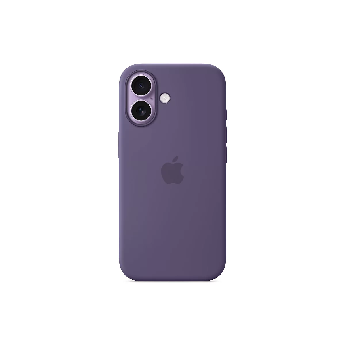 Lila Silikonhülle für iPhone mit Apple-Logo auf der Rückseite und Aussparung für die Doppelkamera.