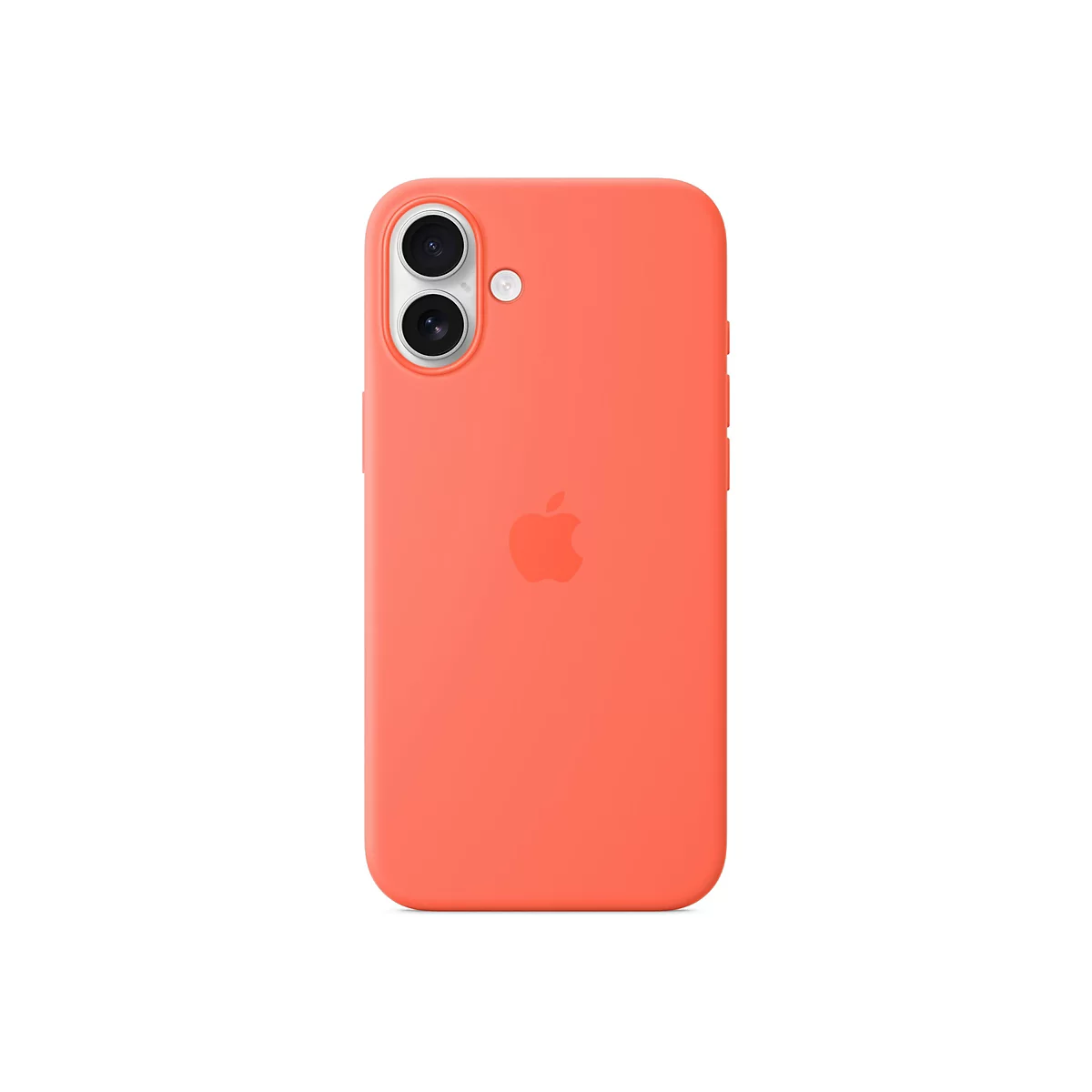 Korallenfarbene Handyhülle, Rückseite mit Apple Logo, Kameraöffnungen.