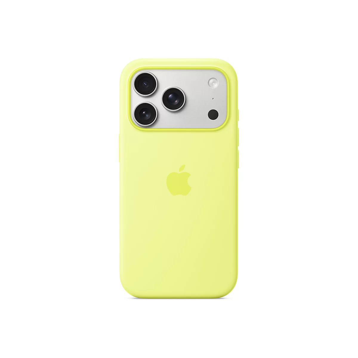 Ein iPhone mit einer gelben Schutzhülle. Auf der Rückseite sind Kameraobjektive und das Apple-Logo zu sehen.