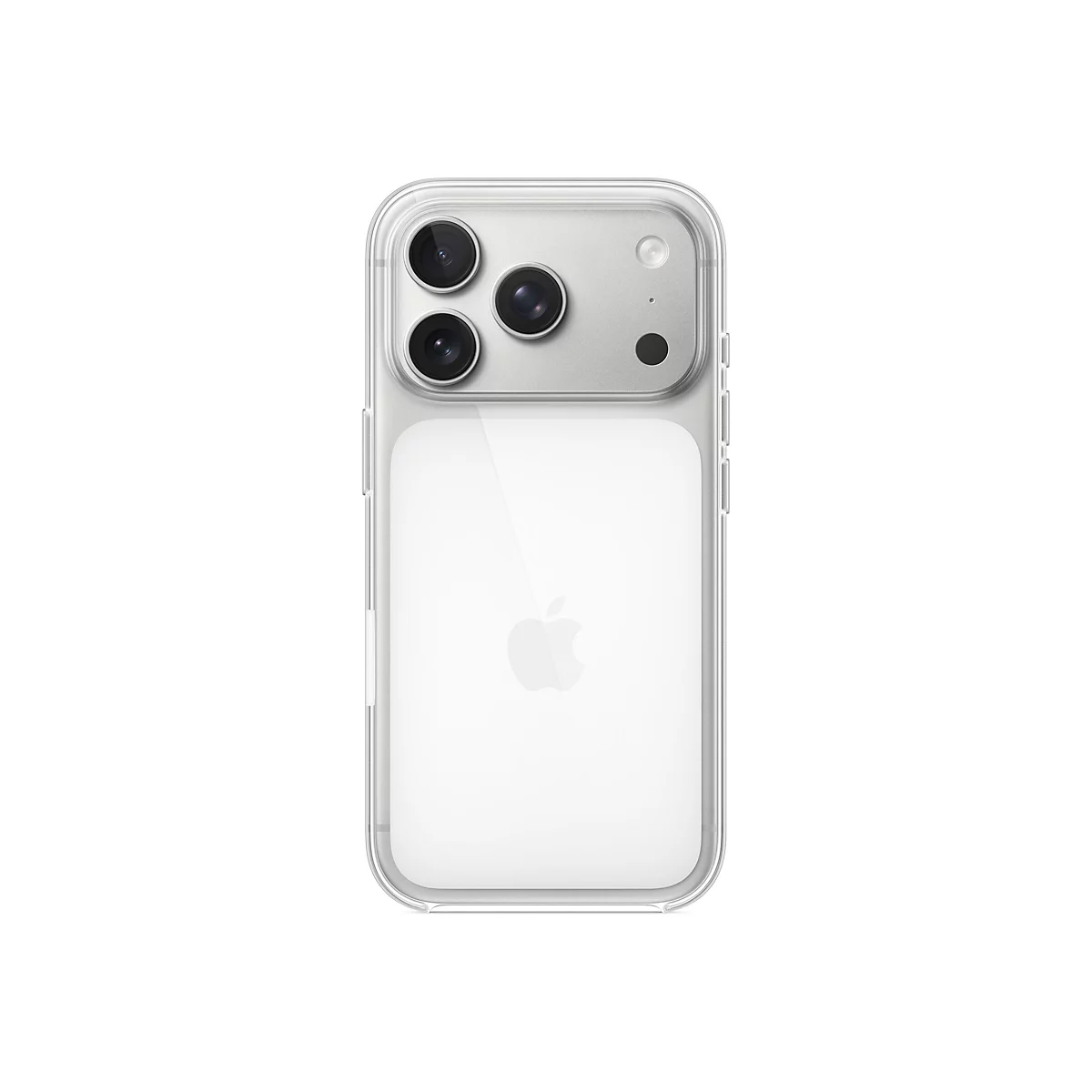 Ein iPhone mit einer durchsichtigen Hülle, die Rückseite zeigt das Apple Logo und die Kamera.